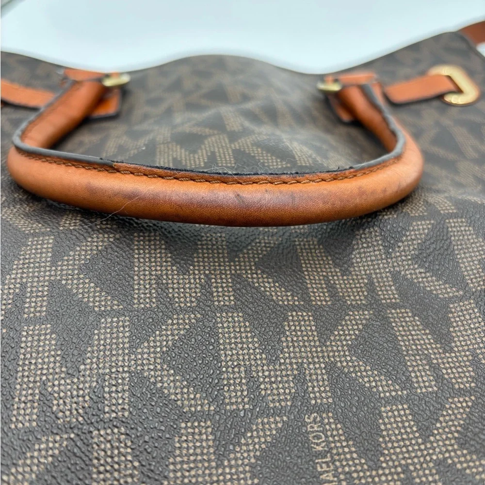 Michael Kors Hamilton Large Brown MK Logo Tote Bag Gold Chain Leather Trim‎ Bag